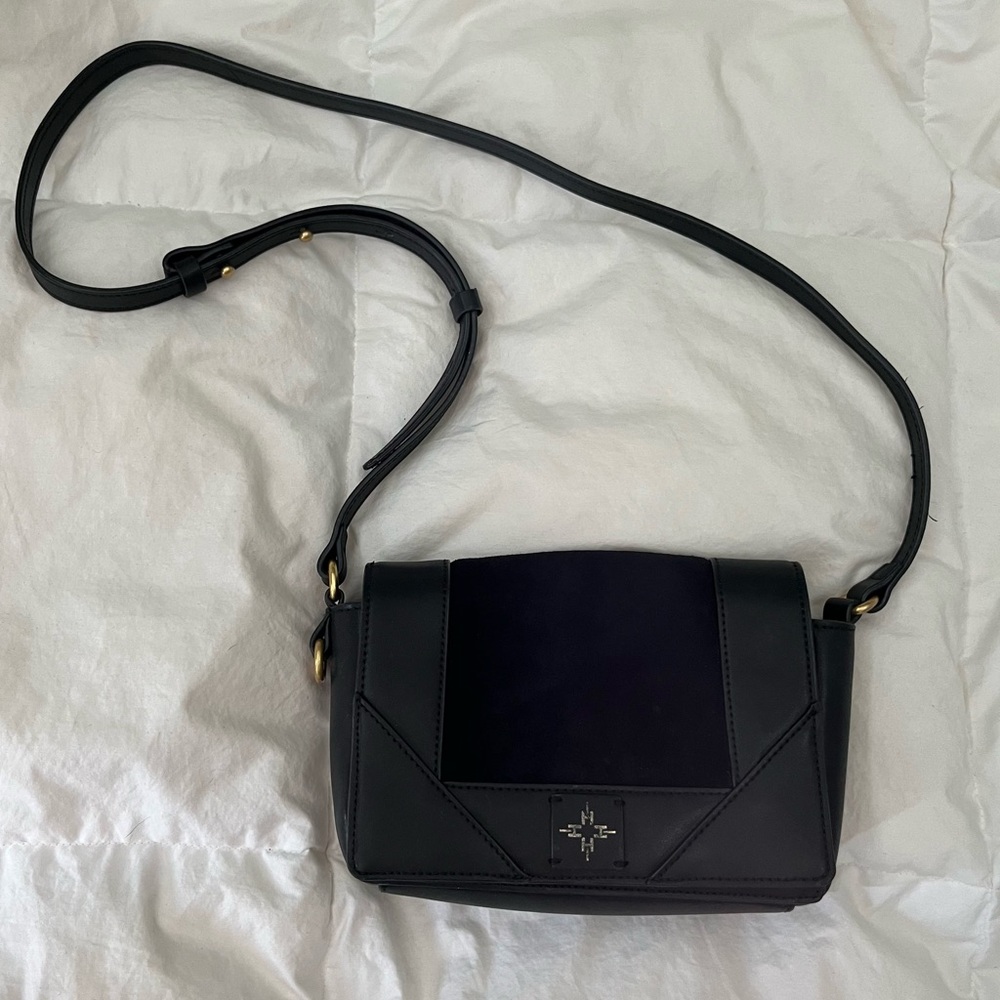 India Hicks Smooth Black Leather Dressage Crossbody-w/ Suede Accents